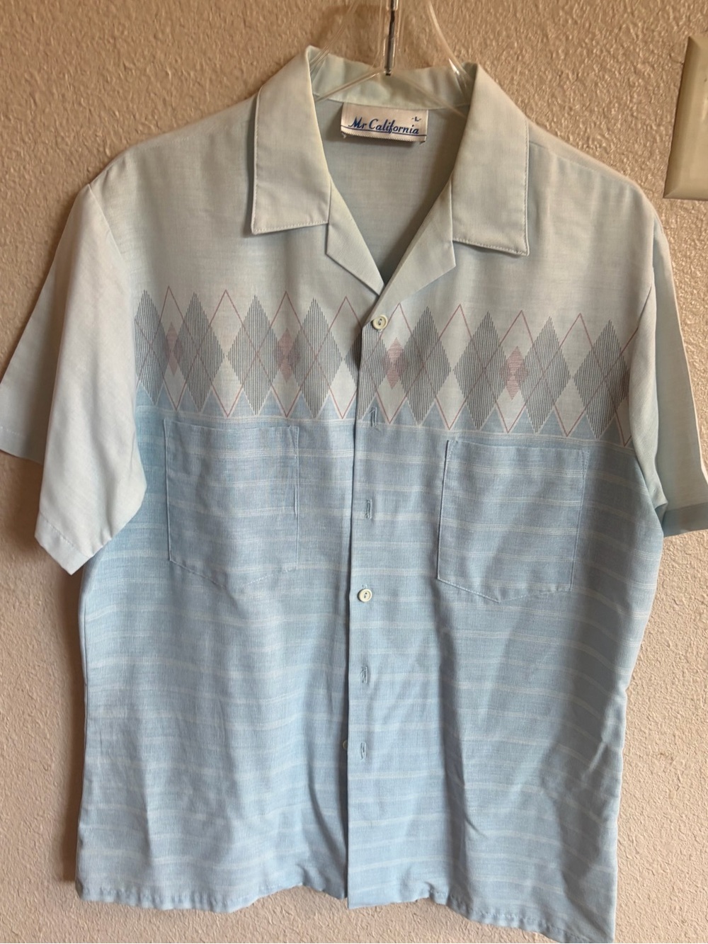 Vintage Mr. California Light Blue Short-Sleeve Camp Shirt geometric print sz L